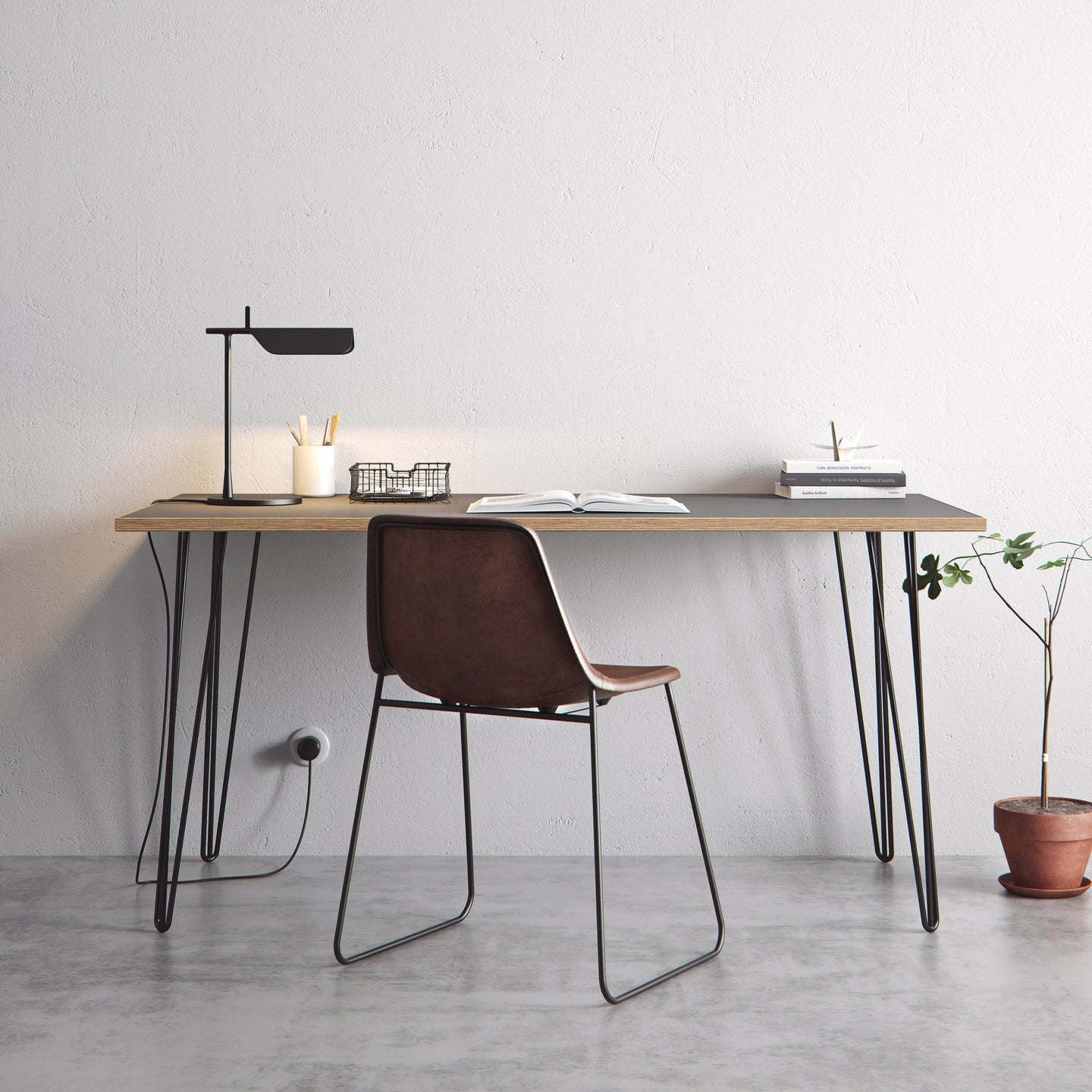 Scandinavian look grey formica coated birch table completed with hairpin legs