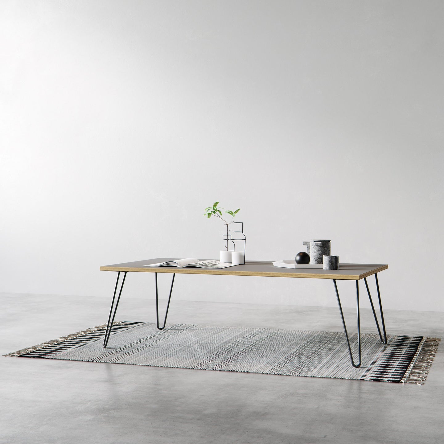 Scandinavian look grey formica coated birch coffee table completed with hairpin legs