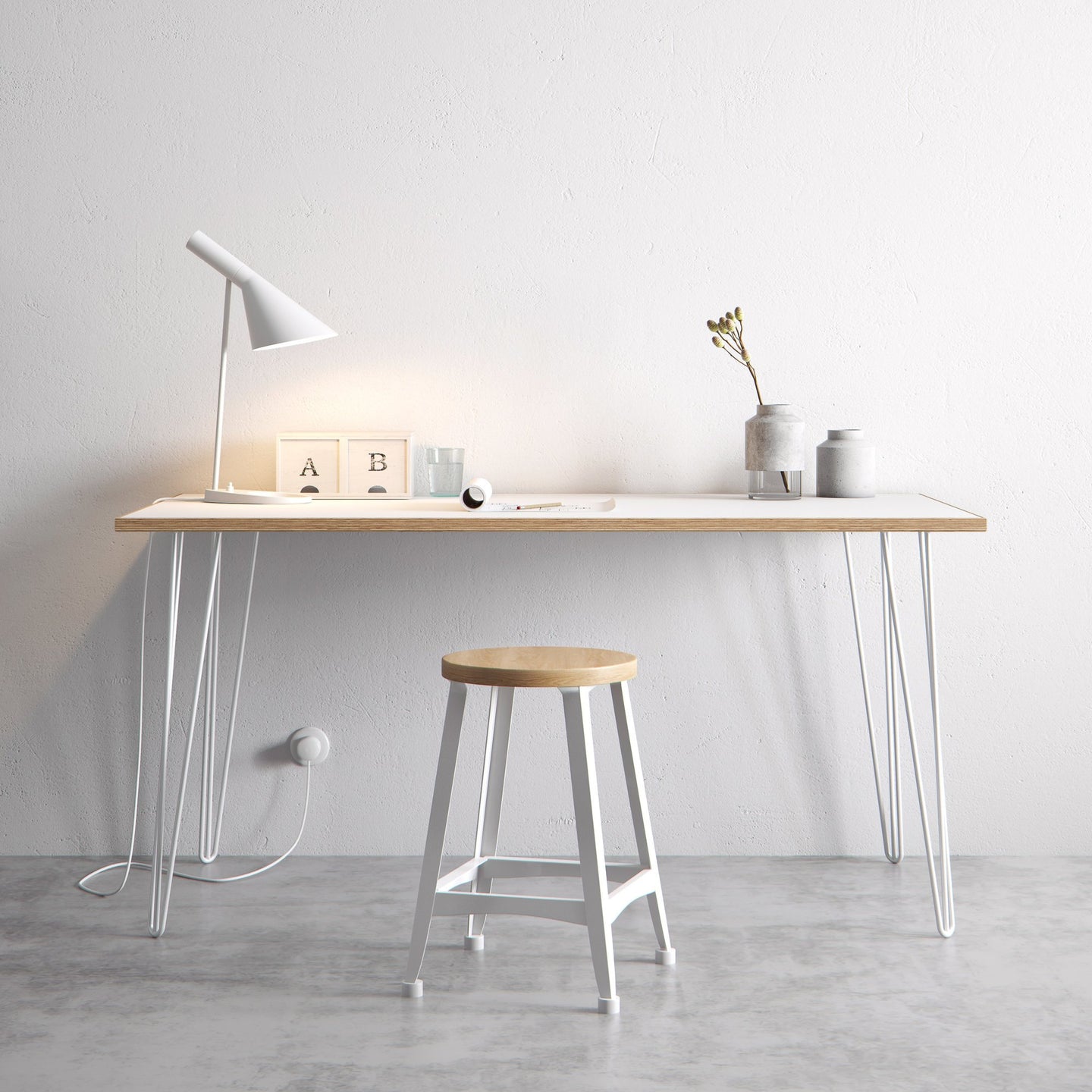 Scandinavian look white formica coated birch table completed with hairpin legs