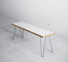 Load image into Gallery viewer, Scandinavian look white formica coated birch bench completed with hairpin legs
