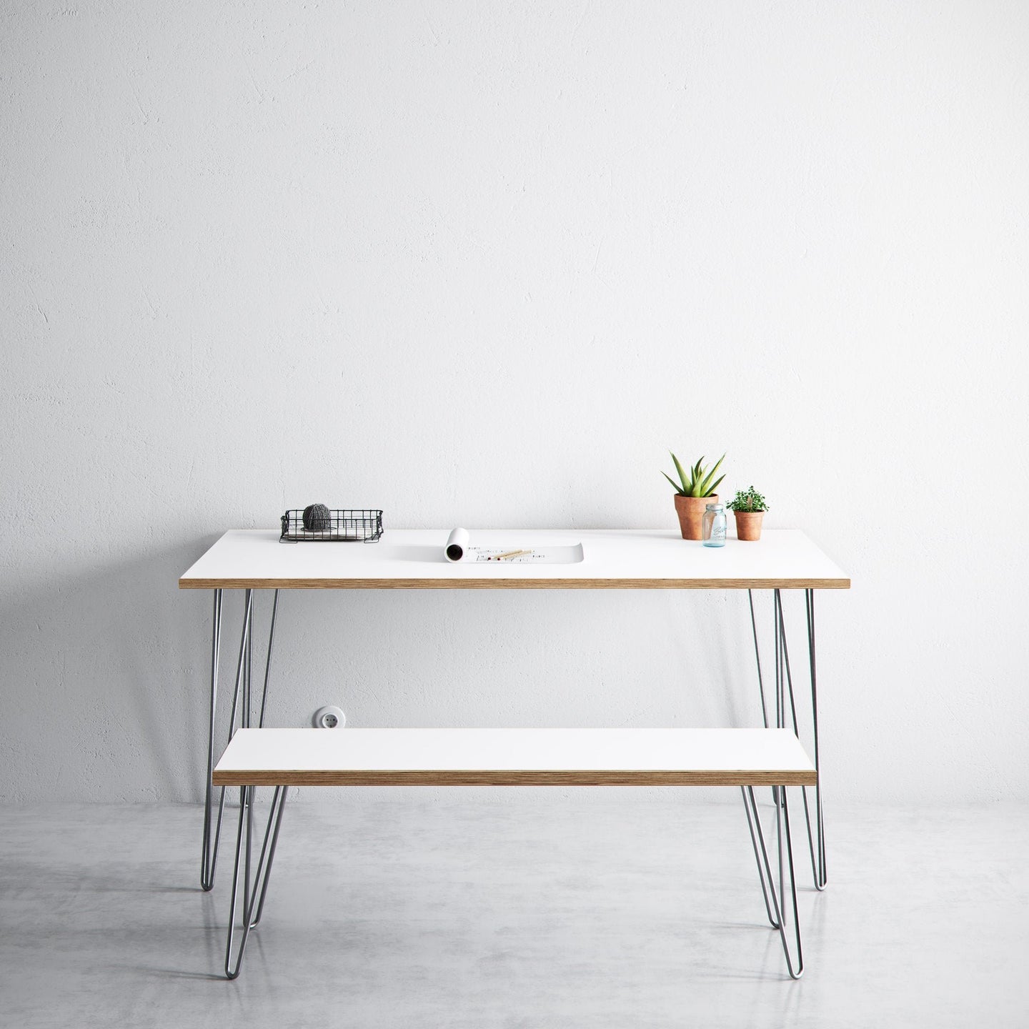 Scandinavian look white formica coated birch bench completed with hairpin legs